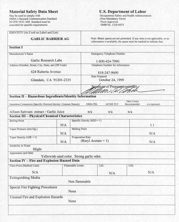 Garlic Barrier MSDS Information